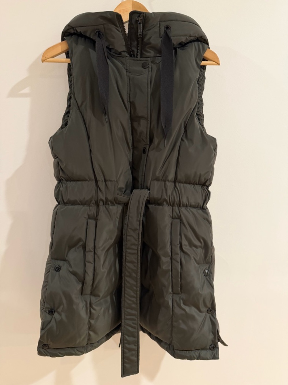 Sam Edelman Hooded Long Puffer Vest Dark Olive Green Small Adjustable Waist - S - Picture 4 of 16